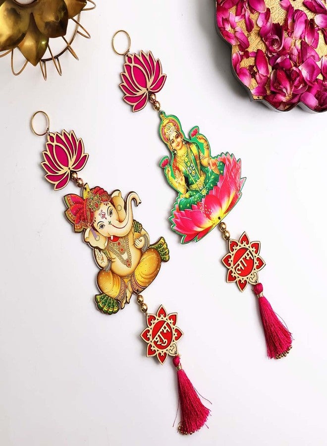 9Dzine Shubh Labh Lotus Laxmi Ganesh Hangings For Diwali Decoration 1 Pair | Traditional Thoranam For Main Door Entrance Pooja Room Mandir | Lotus Hanging For Home Decor Items Festival, 11 Cm - Image 3